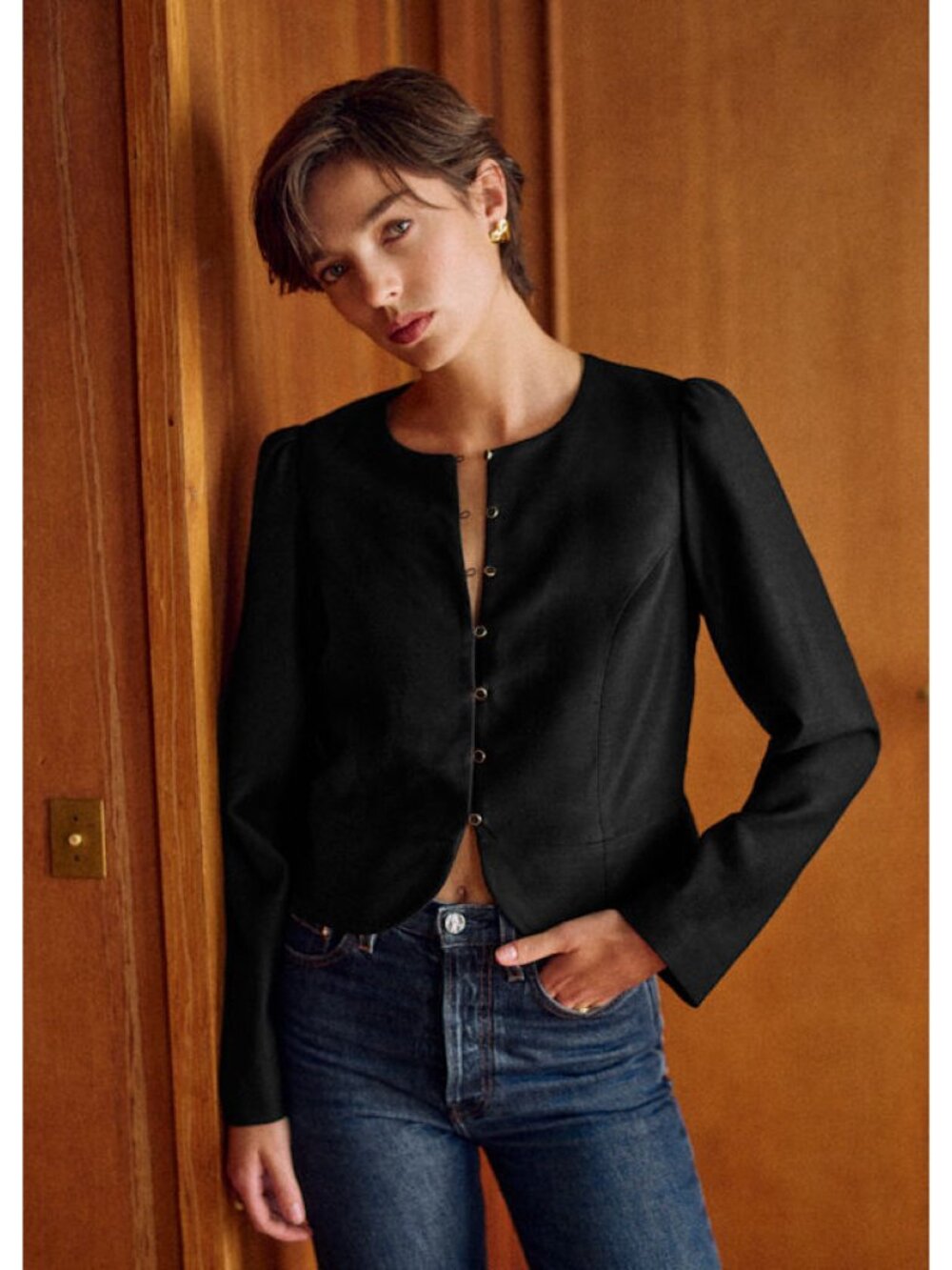 Sézane Alwane Button Front Jacket in Black